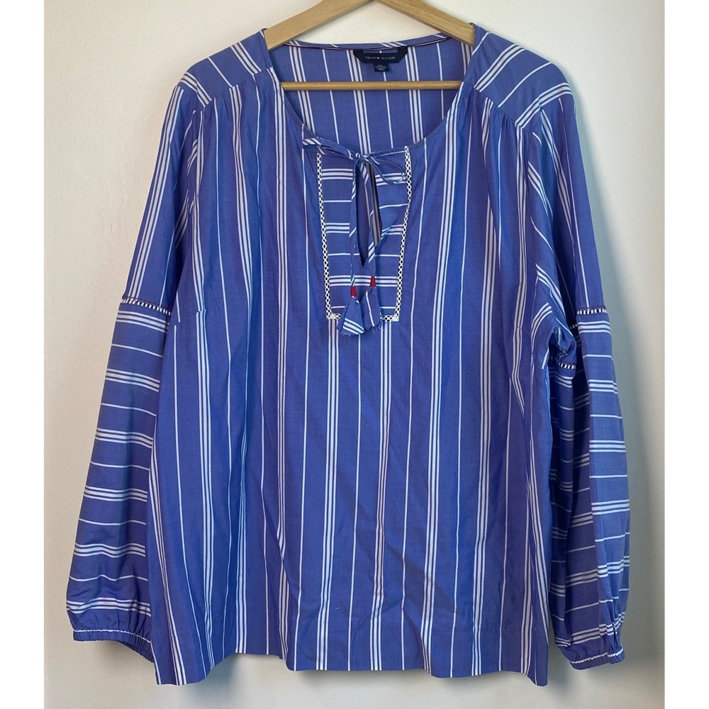 Tommy Hilfiger Blouse Womens XXL Blue White Striped Tassel Tie Neck Preppy